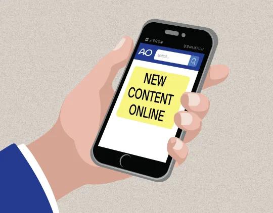 Hand holding a smart phone with an advertisement for new content on AO Surgery Reference